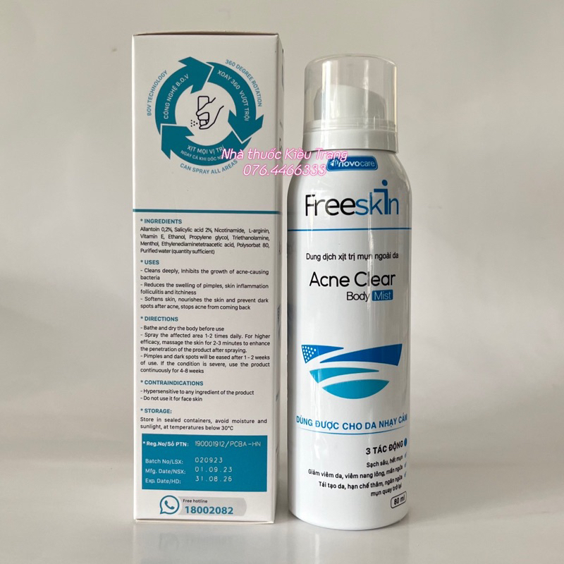 Xịt mụn Freeskin - Xịt mụn lưng, viêm nang lông, dày sừng nang lông, viêm da, sạch mụn, mờ thâm, sáng da 80ml