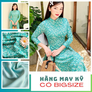 Áo dài gấm có BIGSIZE hoa mai chìm trơn siêu đẹp siêu xinh màu xanh ngọc, xanh cốm truyền thống cao cấp Minh Vũ An