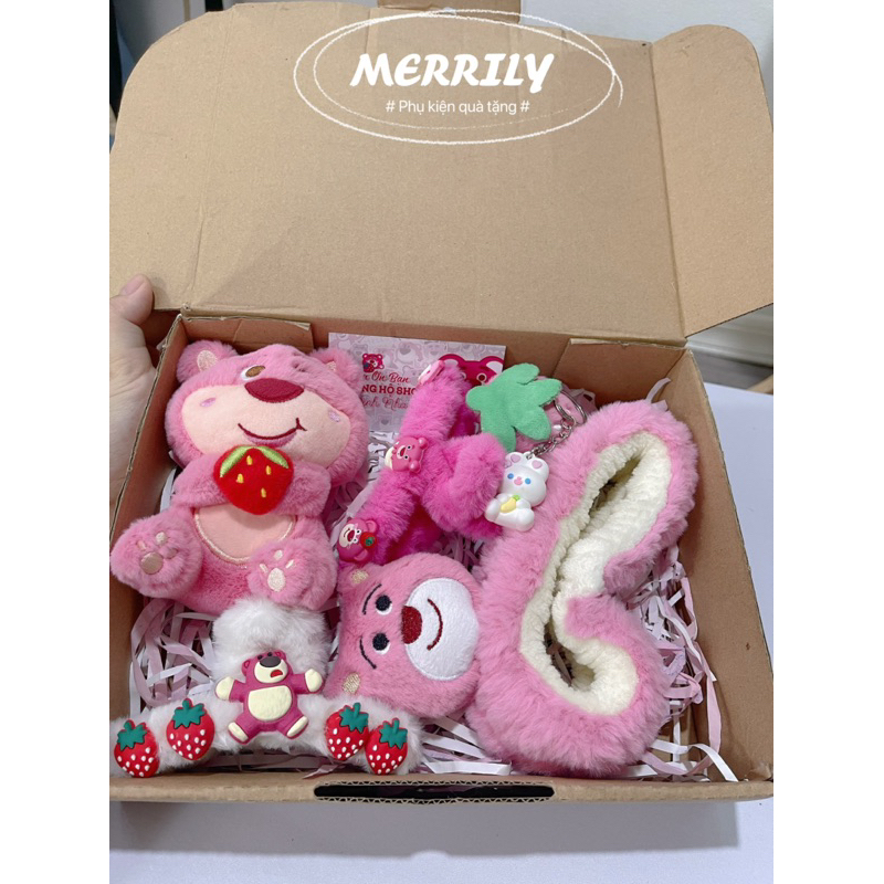 Combo quà tặng hoạ tiết gấu dâu lotso tặng bạn nữ/ bạn gái nhân ngày sinh nhật, dẹp lễ … siêu đáng yêu.