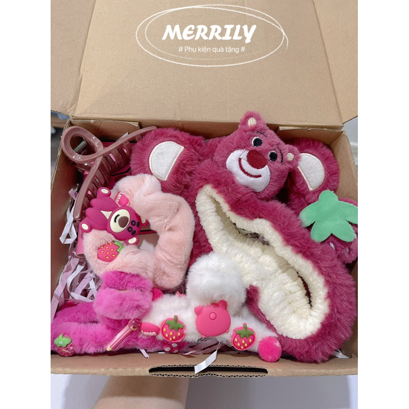 Combo quà tặng hoạ tiết gấu dâu lotso tặng bạn nữ/ bạn gái nhân ngày sinh nhật, dẹp lễ … siêu đáng yêu.