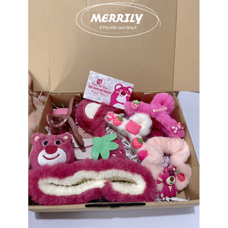 Combo quà tặng hoạ tiết gấu dâu lotso tặng bạn nữ/ bạn gái nhân ngày sinh nhật, dẹp lễ … siêu đáng yêu.