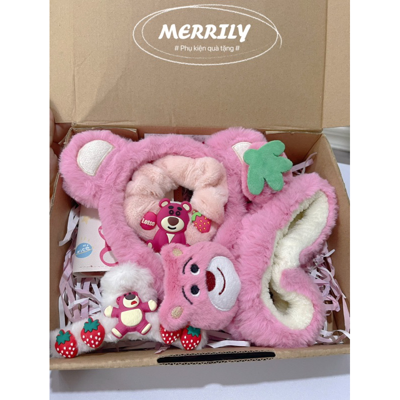 Combo quà tặng hoạ tiết gấu dâu lotso tặng bạn nữ/ bạn gái nhân ngày sinh nhật, dẹp lễ … siêu đáng yêu.