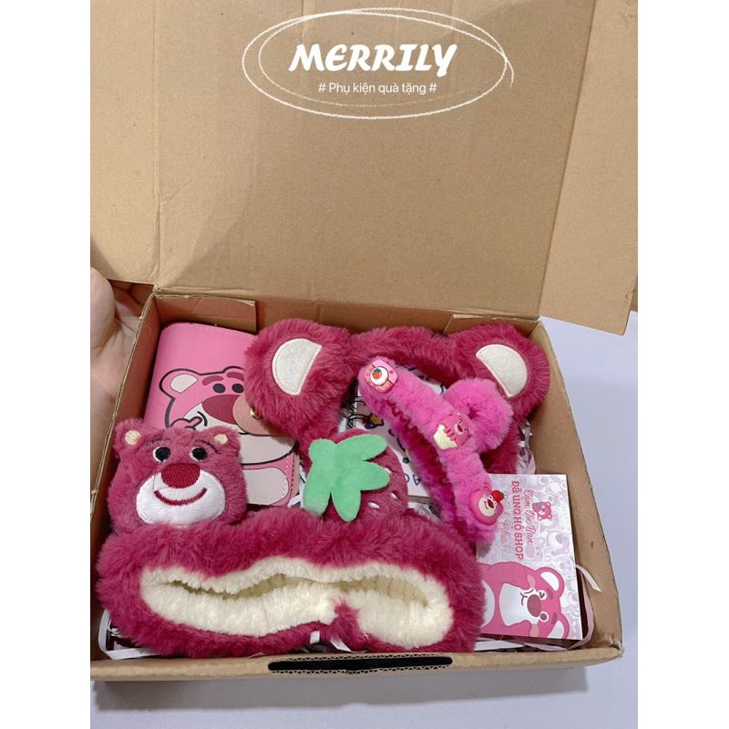 Combo quà tặng hoạ tiết gấu dâu lotso tặng bạn nữ/ bạn gái nhân ngày sinh nhật, dẹp lễ … siêu đáng yêu.