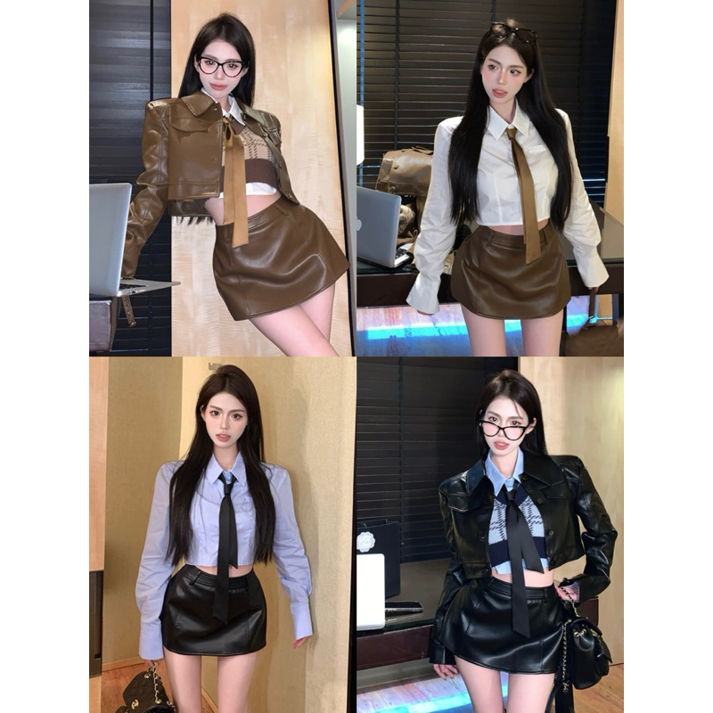 SET BỘ GILE LEN ÁO SƠ MI + VEST + CHÂN VÁY DA NỮ ULZZANG CÁ TÍNH