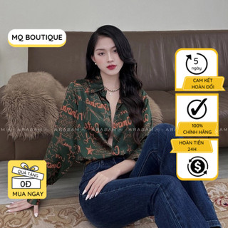 Áo lụa sơ mi họa tiết chữ đỏ nền xanh rêu dài tay cao cấp công sở thiết kế, áo sơmi họa tiết thiết kế MQ Boutique