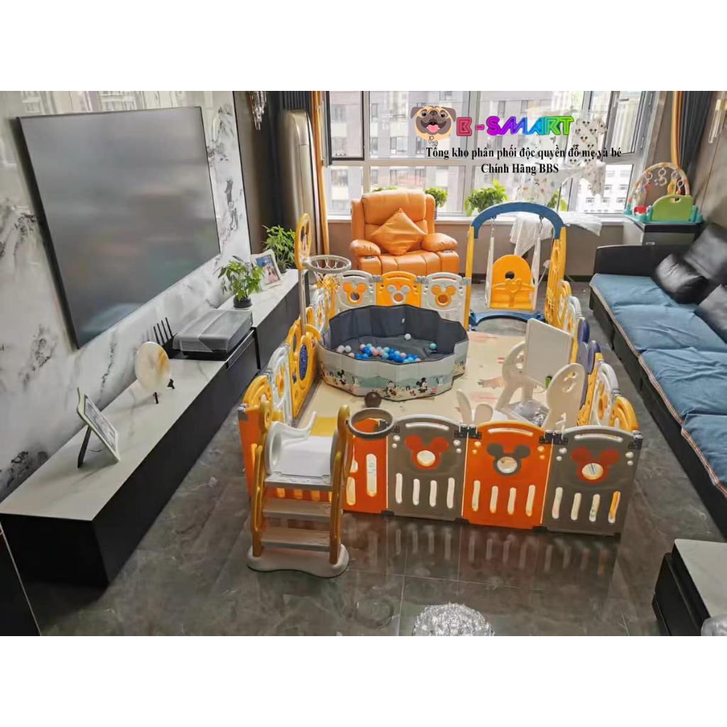 Quây Cũi Nhựa Cho Bé YUGENZI, Mẫu Mickey, Chất Liệu Nhựa Nguyên Sinh, Size 1m5 x 1m9, 14 Tấm Nhỏ + 2 Tấm Lớn Kèm Quà