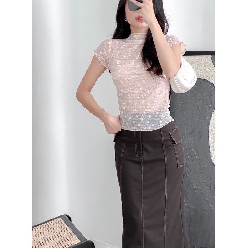 ÁO KIỂU TAY NGẮN VẢI REN HOA NỔI XỊN XÒ KÈM ỐNG RH789