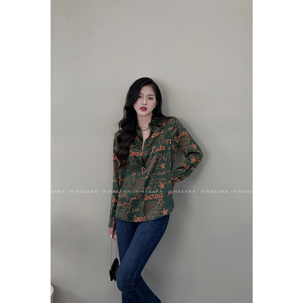 Áo lụa sơ mi họa tiết chữ đỏ nền xanh rêu dài tay cao cấp công sở thiết kế, áo sơmi họa tiết thiết kế MQ Boutique