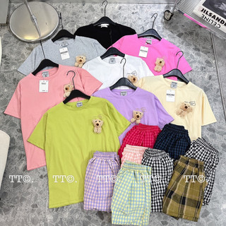 Set Bộ Áo Cotton Tàu Cài Gấu Madzo Quần Kẻ Đũi Siêu Xinh