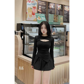 Áo khoét ngực dài tay mix chân váy, áo có chun eo tôn dáng