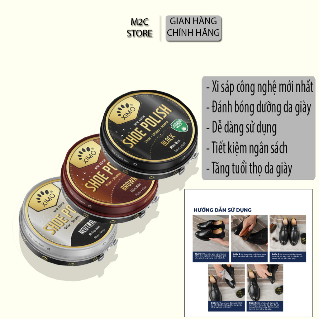 Xi đánh giày XIMO Shoe Polish dạng sáp giúp đánh bóng, bổ sung màu cho giày, đồ da XXI08 50ml - Aikomi