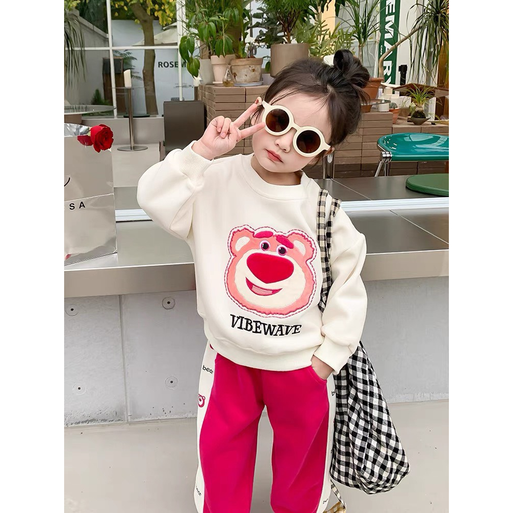 Bộ thu đông bé gái , Bộ nỉ da cá xước gấu dâu đáng yêu cho bé gái