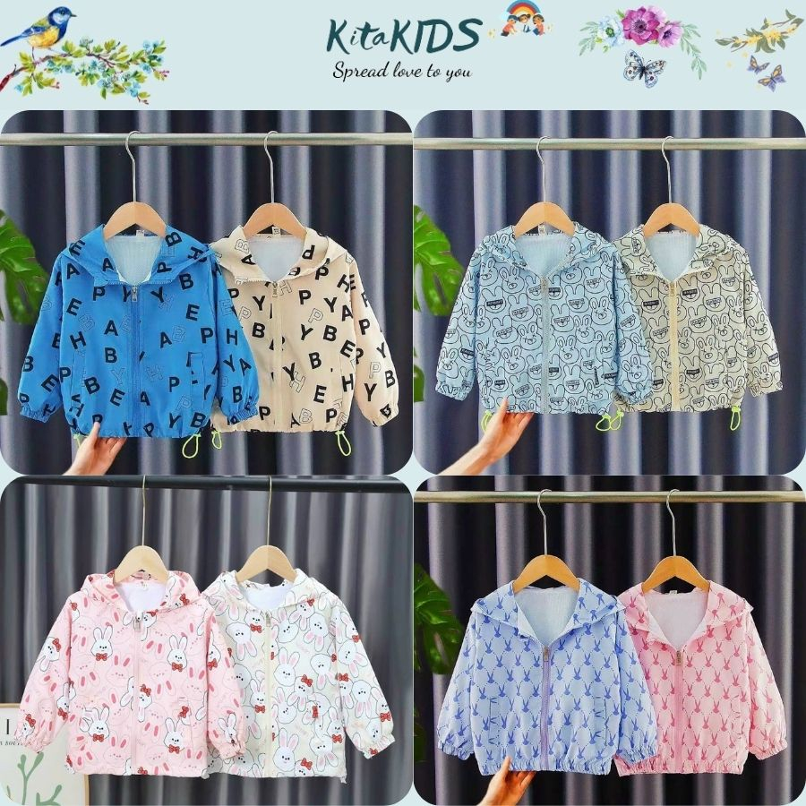 Áo khoác gió có mũ cho bé, áo gió 2 lớp nhiều họa tiết dễ thương cho bé trai bé gái từ 12-28kg