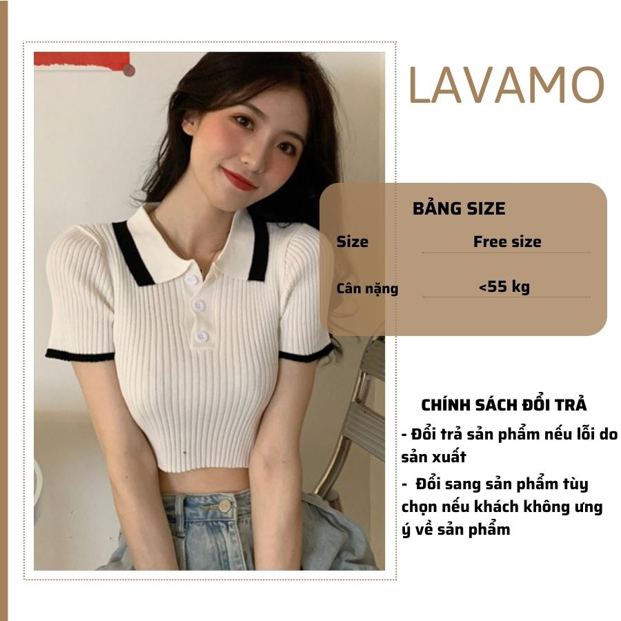 Áo croptop polo nữ cổ v tay ngắn kiểu ôm tay phồng trễ vai LAVAMO CT031
