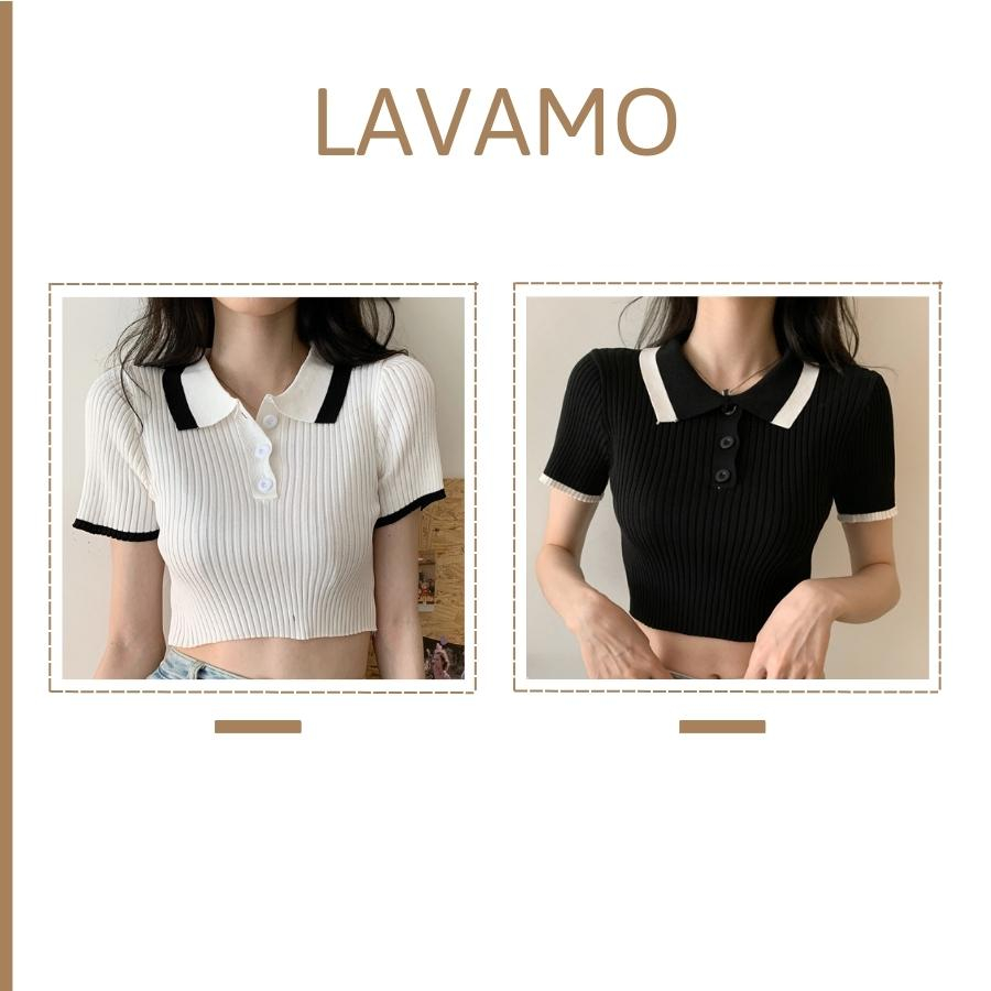 Áo croptop polo nữ cổ v tay ngắn kiểu ôm tay phồng trễ vai LAVAMO CT031