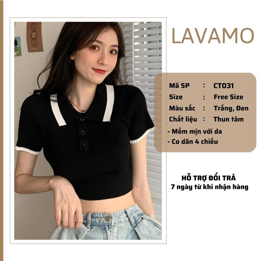 Áo croptop polo nữ cổ v tay ngắn kiểu ôm tay phồng trễ vai LAVAMO CT031