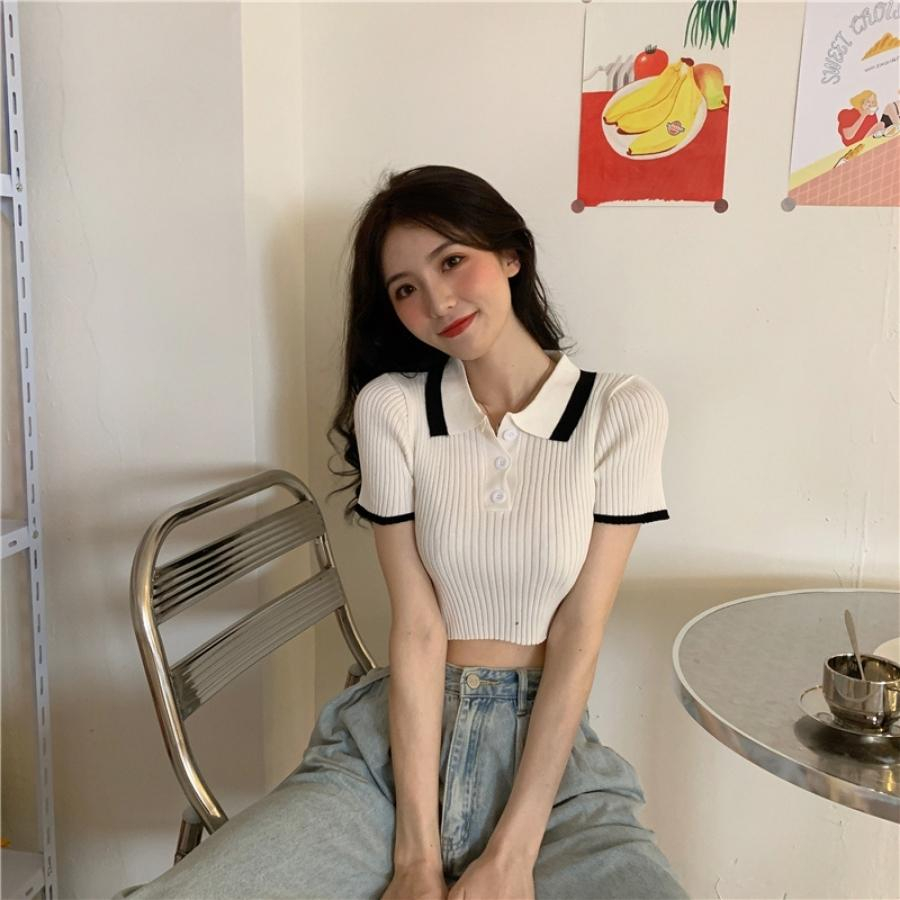 Áo croptop polo nữ cổ v tay ngắn kiểu ôm tay phồng trễ vai LAVAMO CT031