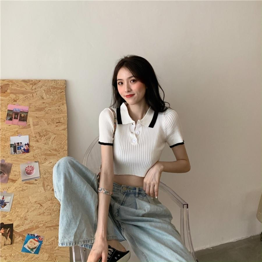 Áo croptop polo nữ cổ v tay ngắn kiểu ôm tay phồng trễ vai LAVAMO CT031