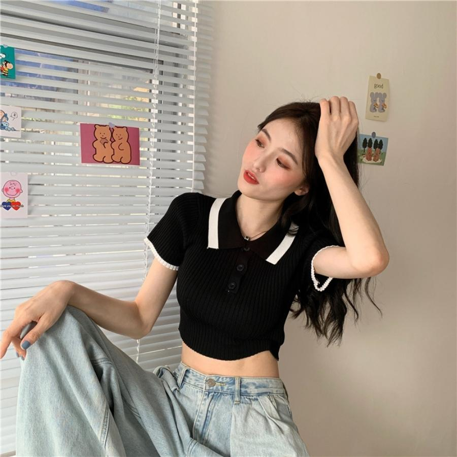 Áo croptop polo nữ cổ v tay ngắn kiểu ôm tay phồng trễ vai LAVAMO CT031