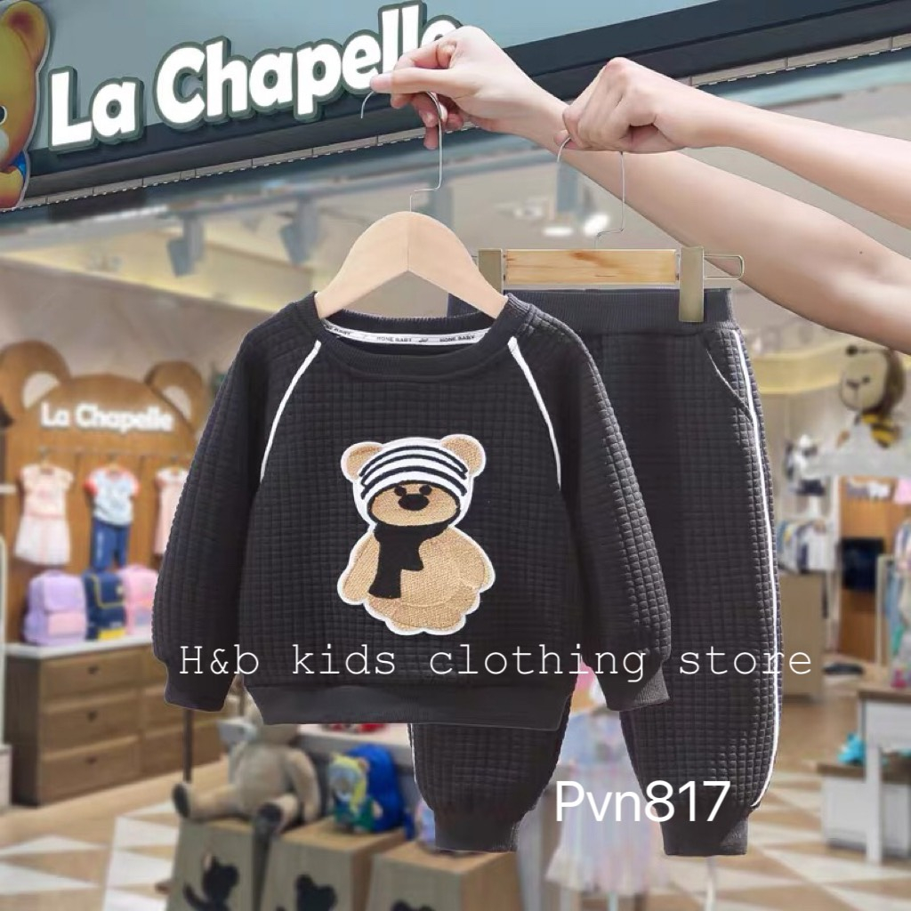 Bộ thu đông bé trai , bộ quần áo len xốp thêu đắp gấu sành điệu cho bé