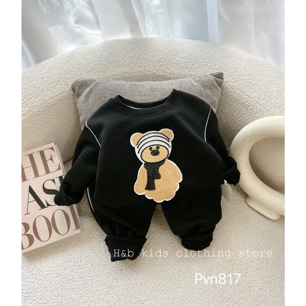 Bộ thu đông bé trai , bộ quần áo len xốp thêu đắp gấu sành điệu cho bé