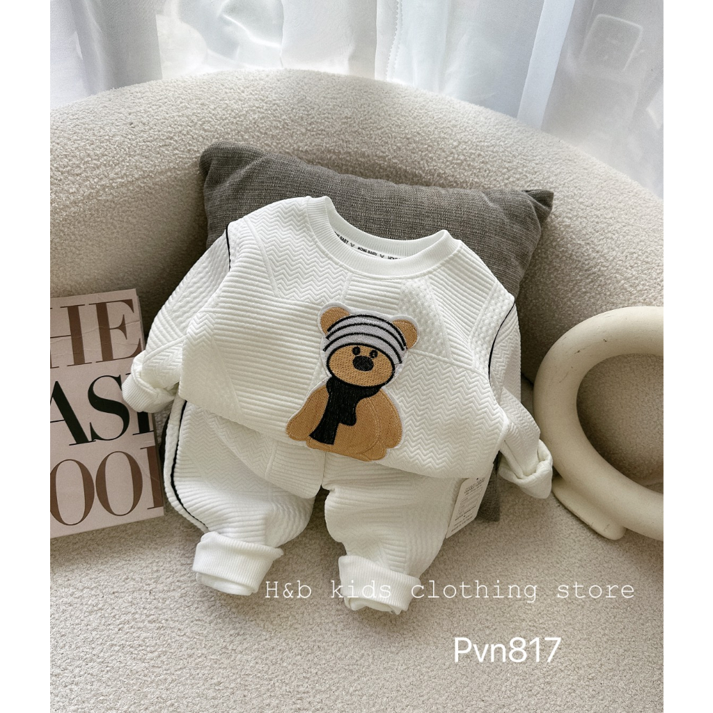 Bộ thu đông bé trai , bộ quần áo len xốp thêu đắp gấu sành điệu cho bé
