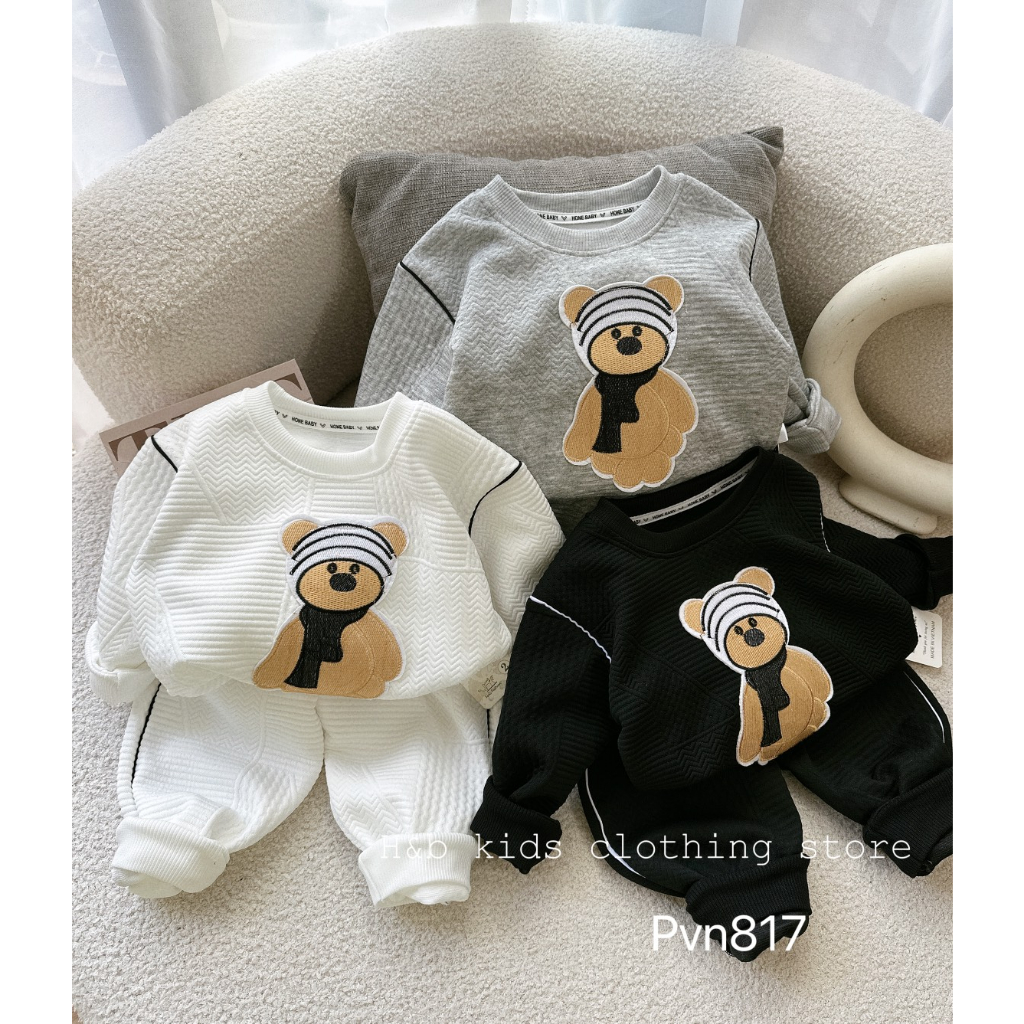 Bộ thu đông bé trai , bộ quần áo len xốp thêu đắp gấu sành điệu cho bé