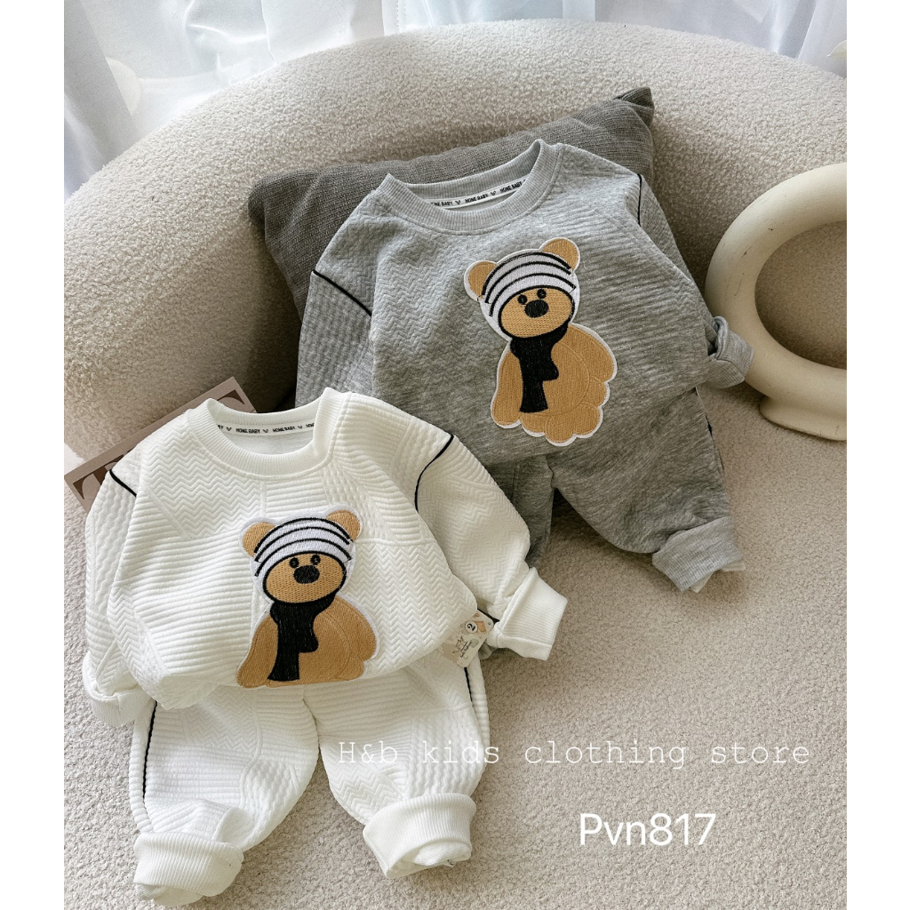 Bộ thu đông bé trai , bộ quần áo len xốp thêu đắp gấu sành điệu cho bé