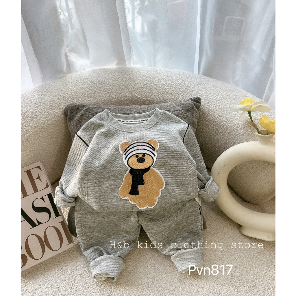 Bộ thu đông bé trai , bộ quần áo len xốp thêu đắp gấu sành điệu cho bé