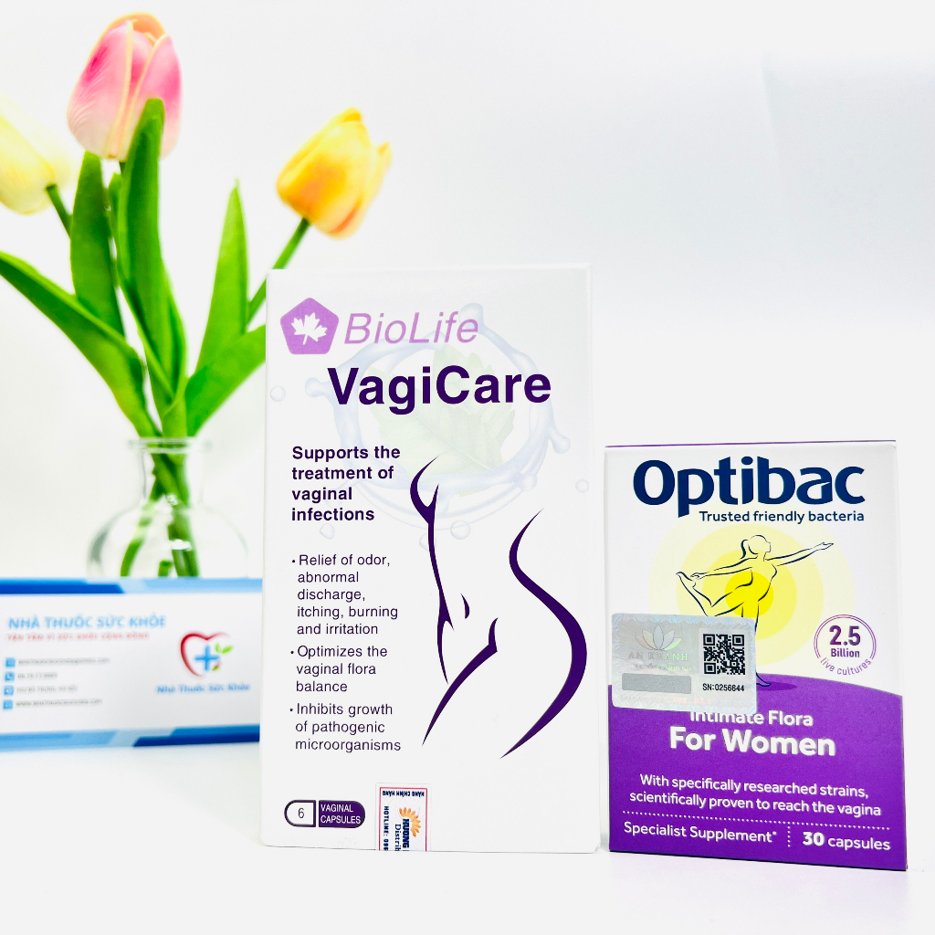 Biolife Vagicare - Giảm nấm ngứa, nhiễm khuẩn, Optibac Tím - Men Vi Sinh Phụ Khoa, Chăm Sóc Vùng Kín