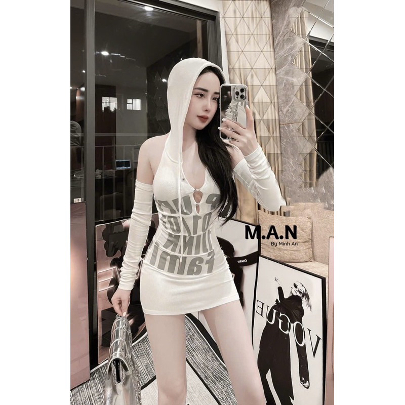 ĐẦM BODY CÓ NÓN HỞ VAI TAY DÀI CHỮ PUPE DÁNG NGẮN SEXY QUYẾN RŨ