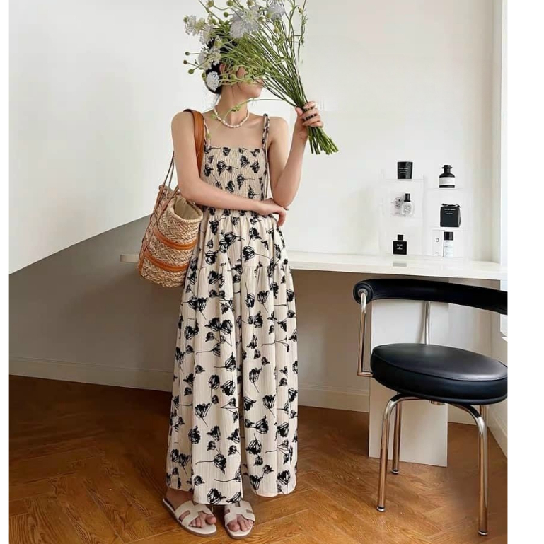 Đầm maxi hai dây dáng dài rộng buộc nơ vai hoa daisy vàng be babydoll, Váy suông maxi 2 dây hoa cúc nhí xòe dài đi biển