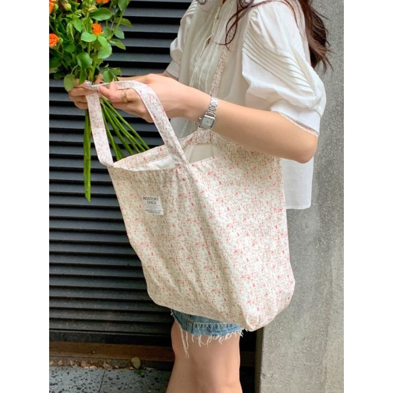 (CÓ SẴN) Túi vải cotton mỏng nhẹ, may 2 lớp đeo vai hoạ tiết hoa nhí Vintage Phong cách Hàn Quốc (41 x 40cm) | BigBuy360 - bigbuy360.vn