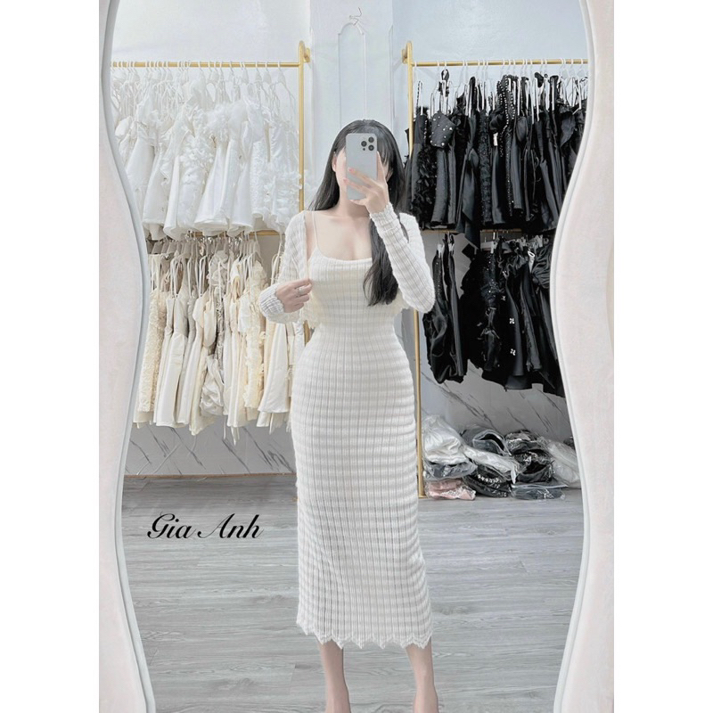 Set đầm body 2 dây viền ren kèm áo khoác croptop Hari Fashion