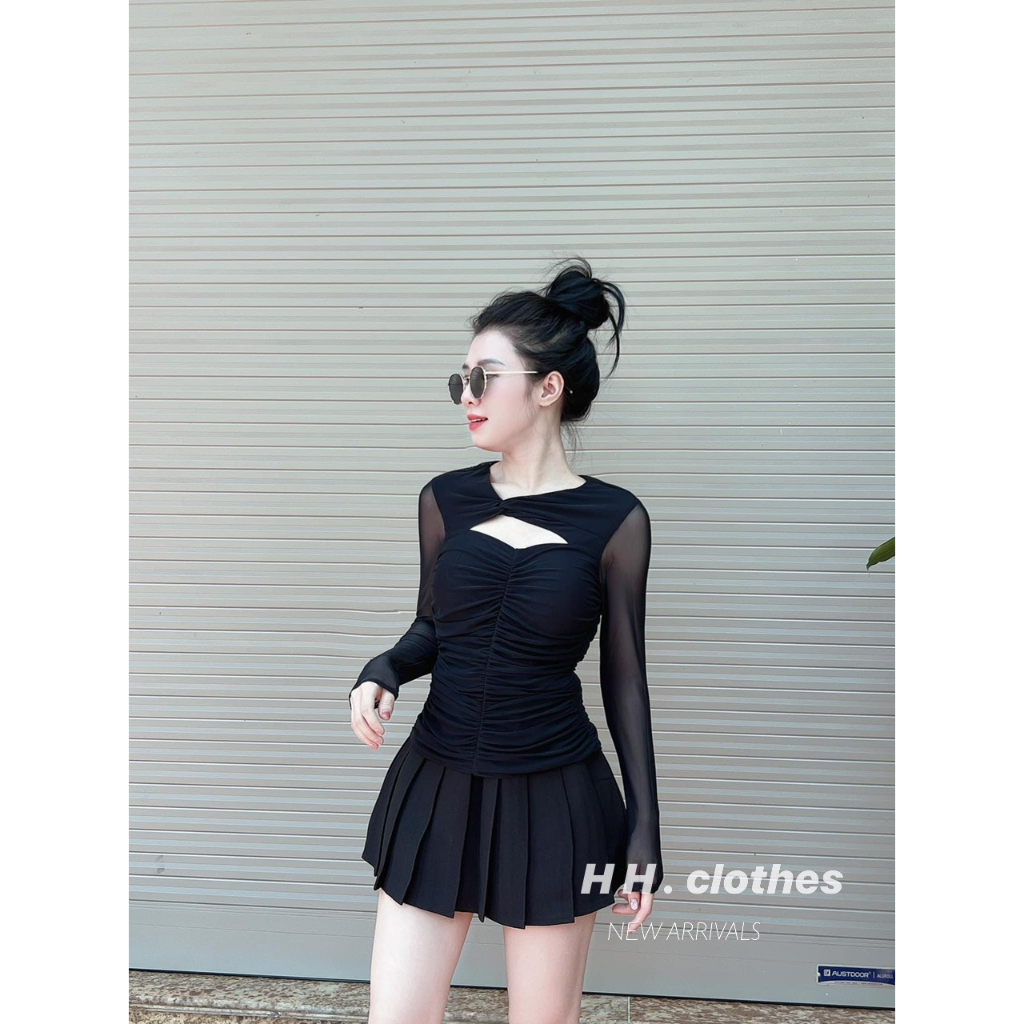 Áo nữ Áo Zip dài tay co giãn nhúm eo kèm dây cổ 3 màu siêu cá tính