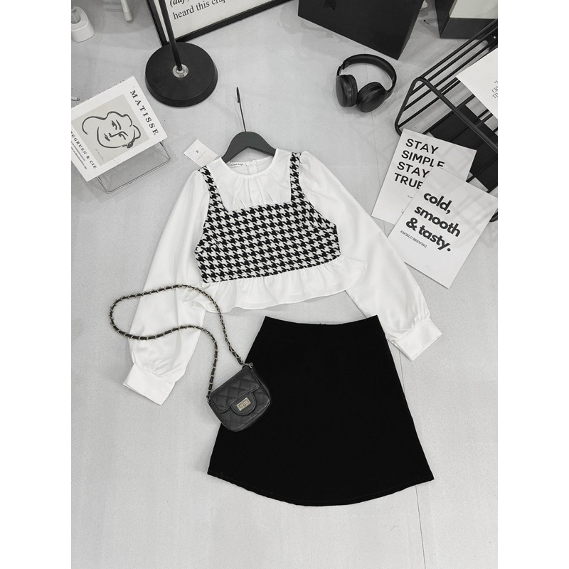 Set Váy Nữ Áo Pelum Màu Trắng Dài Tay Phối Dạ Nhũ Ziczac Kẻ Caro Mix Chân Váy Chữ A Túi Hộp kèm ảnh thật