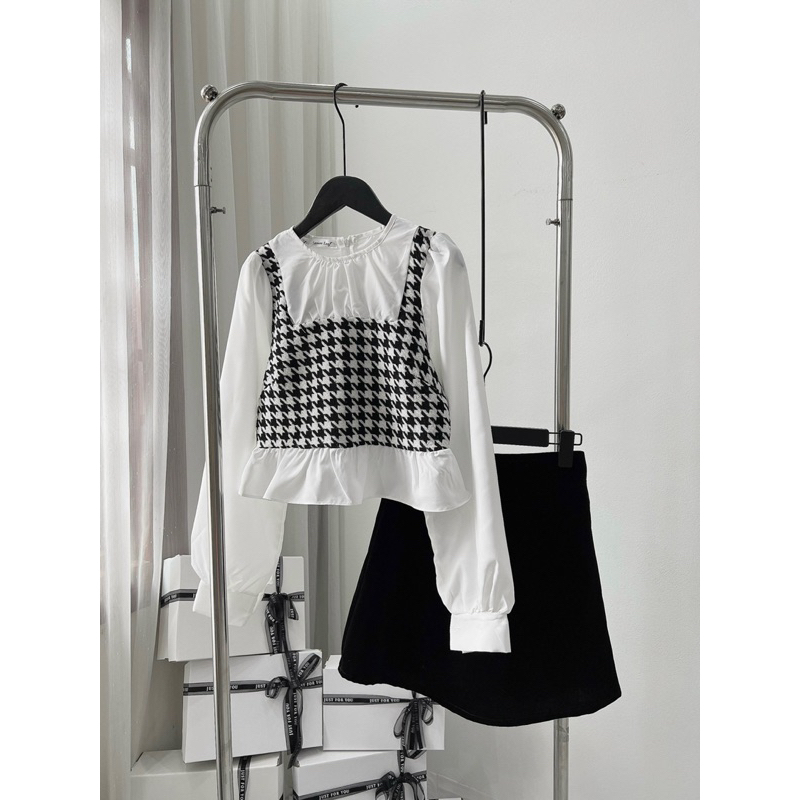 Set Váy Nữ Áo Pelum Màu Trắng Dài Tay Phối Dạ Nhũ Ziczac Kẻ Caro Mix Chân Váy Chữ A Túi Hộp kèm ảnh thật