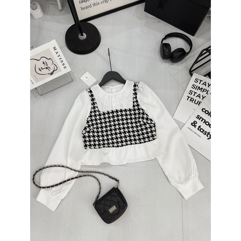 Set Váy Nữ Áo Pelum Màu Trắng Dài Tay Phối Dạ Nhũ Ziczac Kẻ Caro Mix Chân Váy Chữ A Túi Hộp kèm ảnh thật