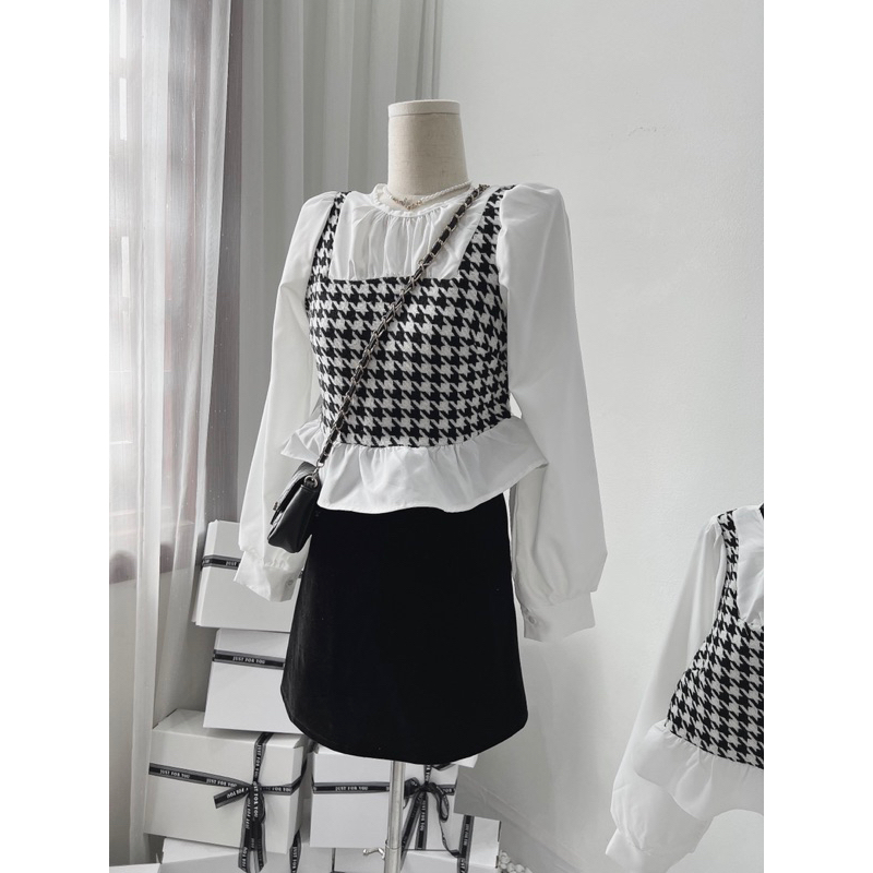 Set Váy Nữ Áo Pelum Màu Trắng Dài Tay Phối Dạ Nhũ Ziczac Kẻ Caro Mix Chân Váy Chữ A Túi Hộp kèm ảnh thật
