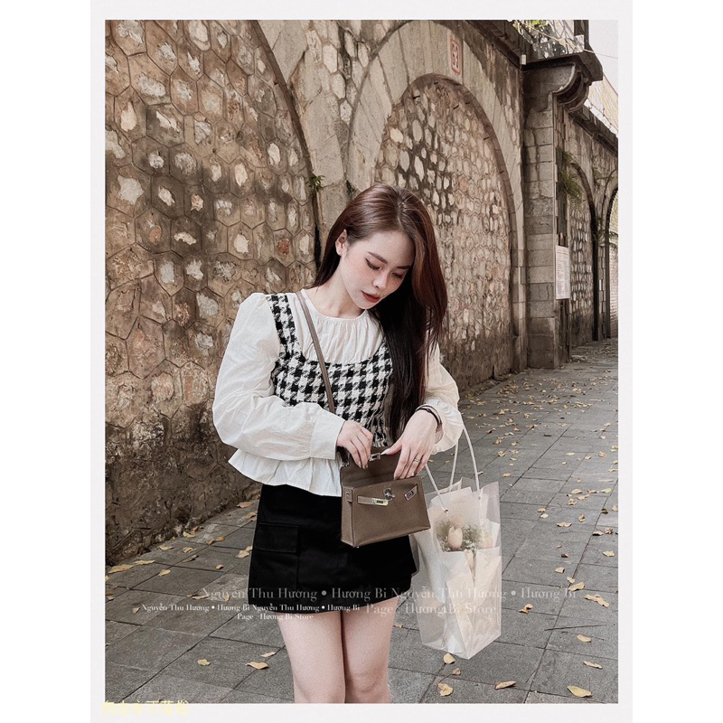Set Váy Nữ Áo Pelum Màu Trắng Dài Tay Phối Dạ Nhũ Ziczac Kẻ Caro Mix Chân Váy Chữ A Túi Hộp kèm ảnh thật