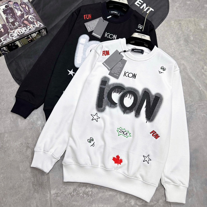 Áo nỉ Sweater nam nữ Dsq2 nỉ chân cua in chữ ICON đốm loang ngực in hình sticker sao lá chữ-- hotrenrd 2023