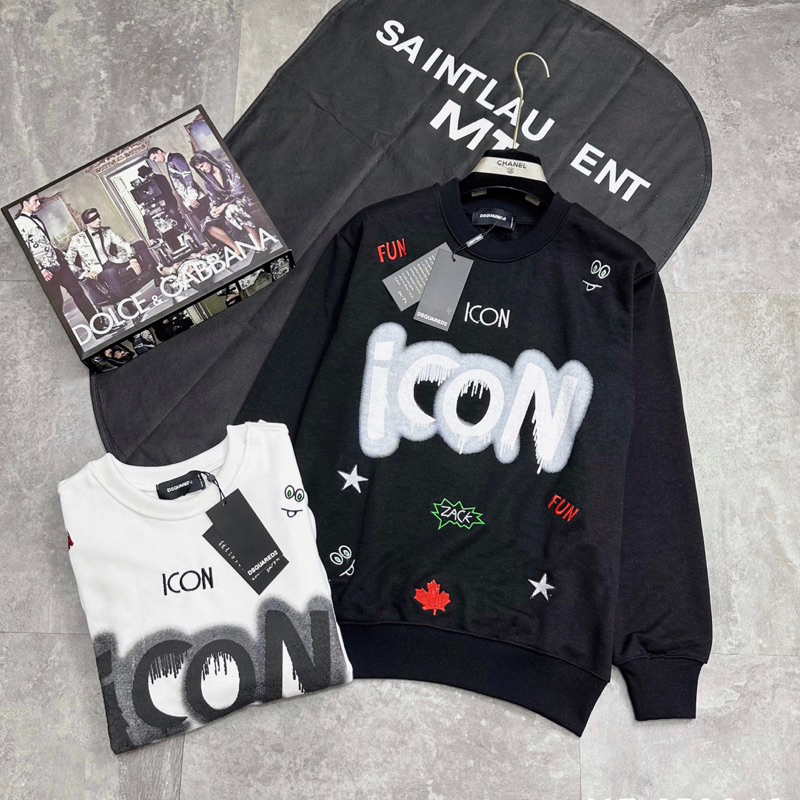 Áo nỉ Sweater nam nữ Dsq2 nỉ chân cua in chữ ICON đốm loang ngực in hình sticker sao lá chữ-- hotrenrd 2023