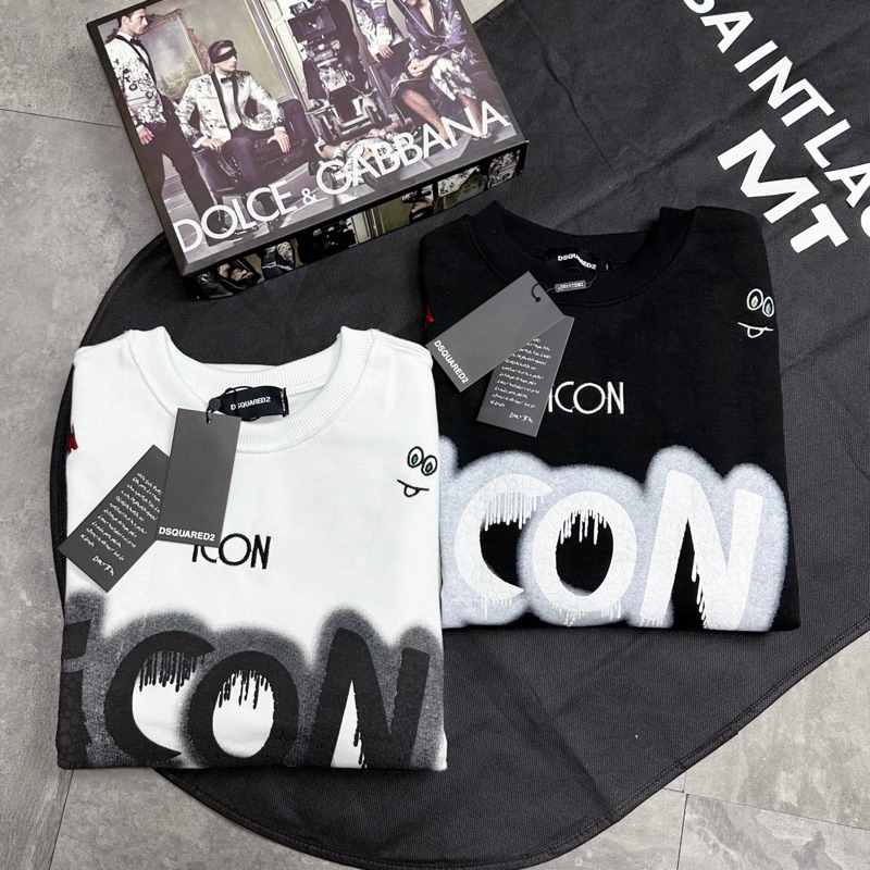 Áo nỉ Sweater nam nữ Dsq2 nỉ chân cua in chữ ICON đốm loang ngực in hình sticker sao lá chữ-- hotrenrd 2023