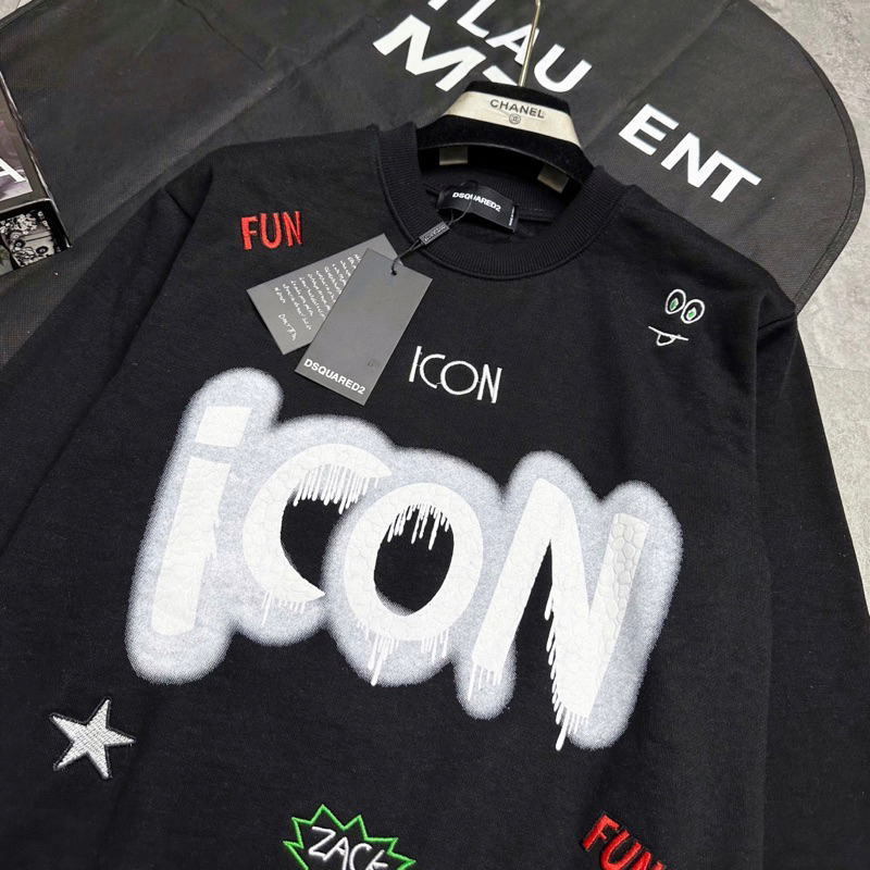 Áo nỉ Sweater nam nữ Dsq2 nỉ chân cua in chữ ICON đốm loang ngực in hình sticker sao lá chữ-- hotrenrd 2023