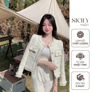 Áo dạ tweed nữ 2 lớp thiết kế phối khuy đồng, áo khoác dạ tweed màu trắng kem sang chảnh Sicily Studio