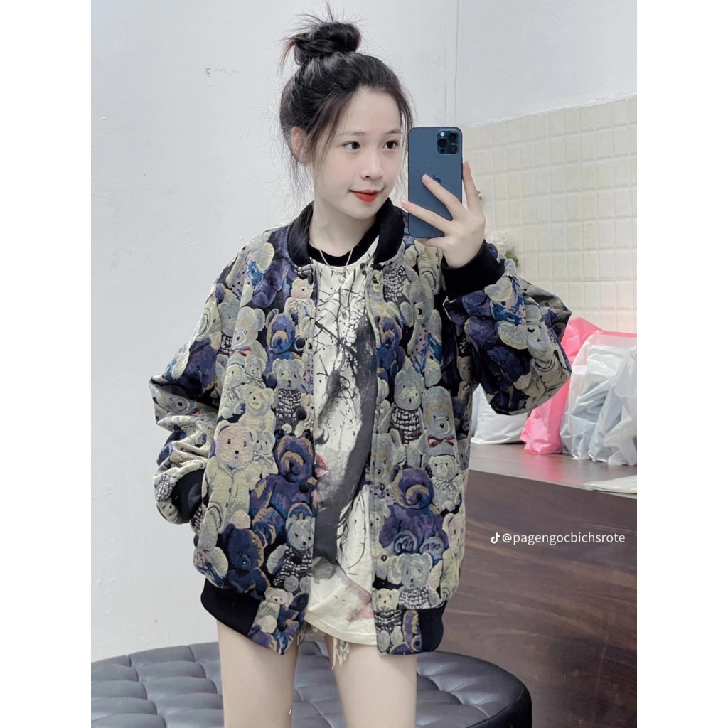 Áo Khoác Bomber Nam Nữ   Dệt Hoạ Tiết Gấu Bông  Bo Chun Dày Dặn Hot Trend Nam Nữ