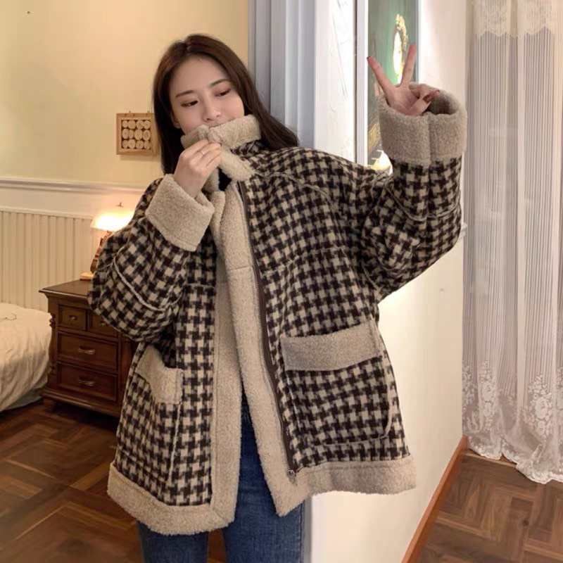 Áo Khoác Dạ Kẻ Lót Lông Cừu Dày Dặn Form To_Haxuanstore