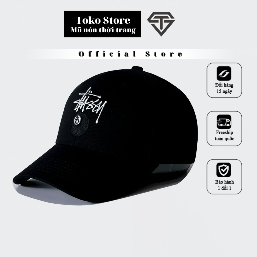 Mũ lưỡi trai đen thêu nổi LOGO Stussy trắng dành cho nam và nữ Free size