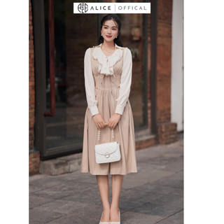 Set Váy Công Sở  ALICE Thiết Kế Áo Sơ Mi Cổ Bèo Phối Ren Kèm Váy Yếm Chiết Eo Tôn Dáng Phong Cách Tiểu Thư S376