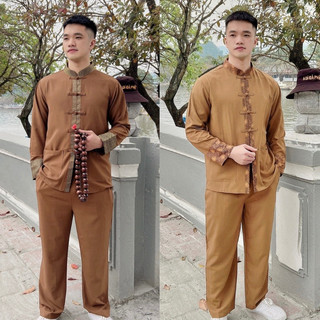 Đồ lam đi chùa Nam,Bộ lam chất lụa tằm Ý dài tay dành cho Nam cao cấp